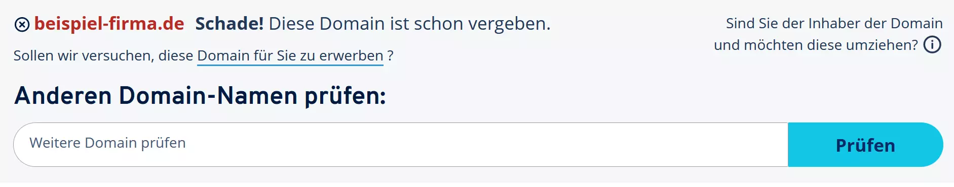 Bild: Screenshot der Benachrichtigung auf IONOS bei bereits vergebener Domain