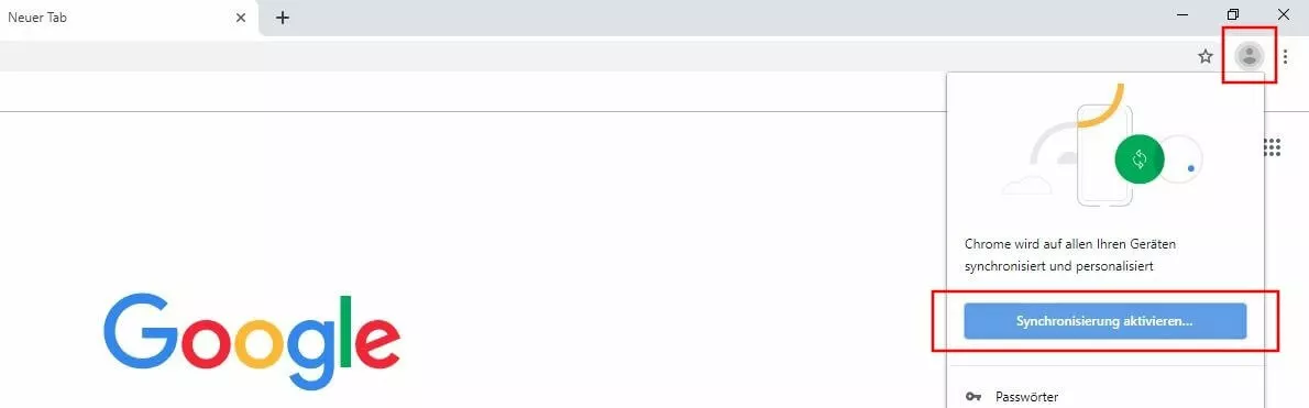 Bild: Google Chrome: „Synchronisierung aktivieren“-Schaltfläche