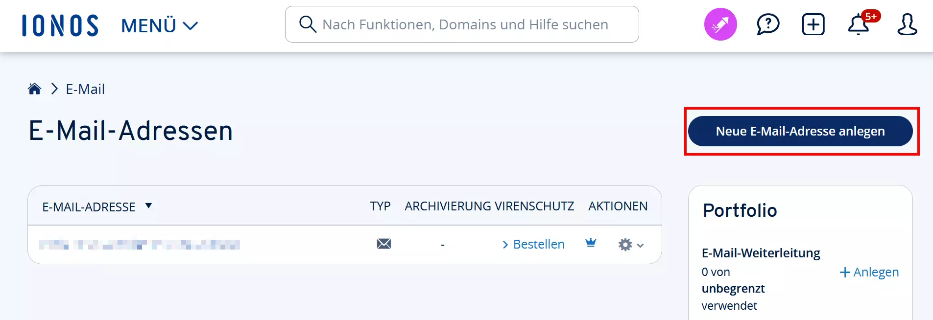 Bild: Screenshot des IONOS-Kontrollbereichs für E-Mail-Konten
